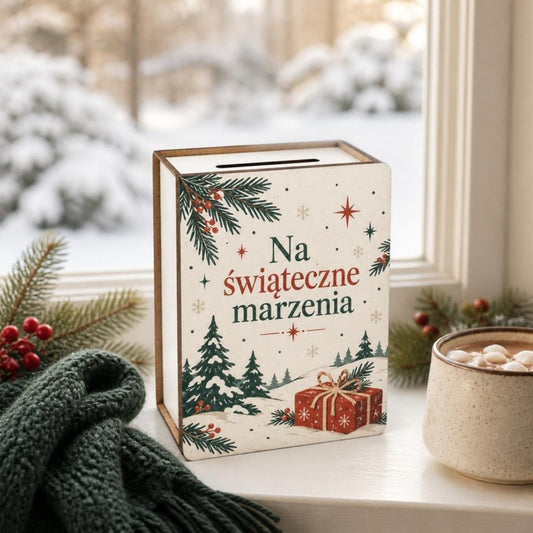Skarbonka vintage „Na świąteczne marzenia” na zimowym parapecie