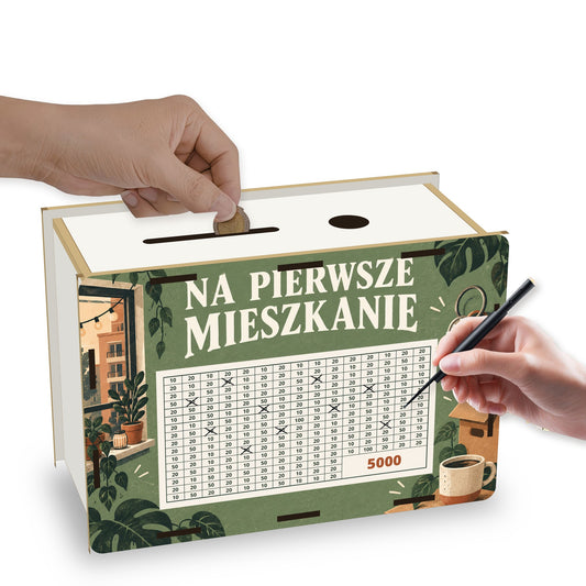 Skarbonka wykreślanka „Na pierwsze mieszkanie” 5 000 zł w użyciu – wrzucanie monety i skreślanie pól
