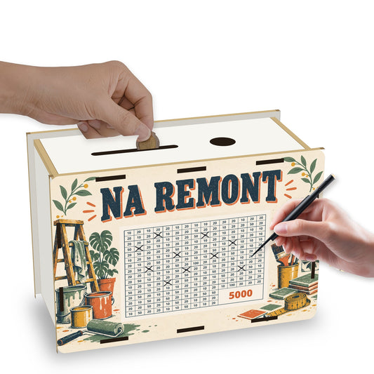 Skarbonka wykreślanka „Na remont” 5 000 zł w użyciu – wrzucanie monety i skreślanie pól