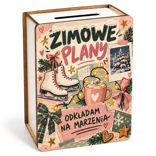 Skarbonka świąteczna dla dziewczynki „Zimowe plany – odkładam na marzenia” z łyżwami i kakao