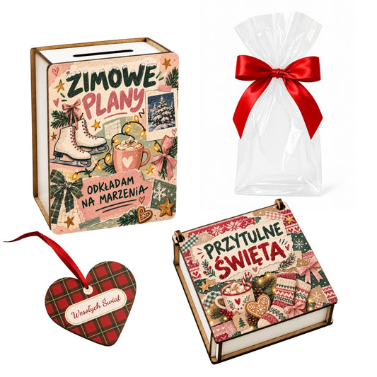 Zestaw dla dziewczynki Zimowe plany – skarbonka, pudełko Przytulne Święta i zawieszka-serce w kratkę
