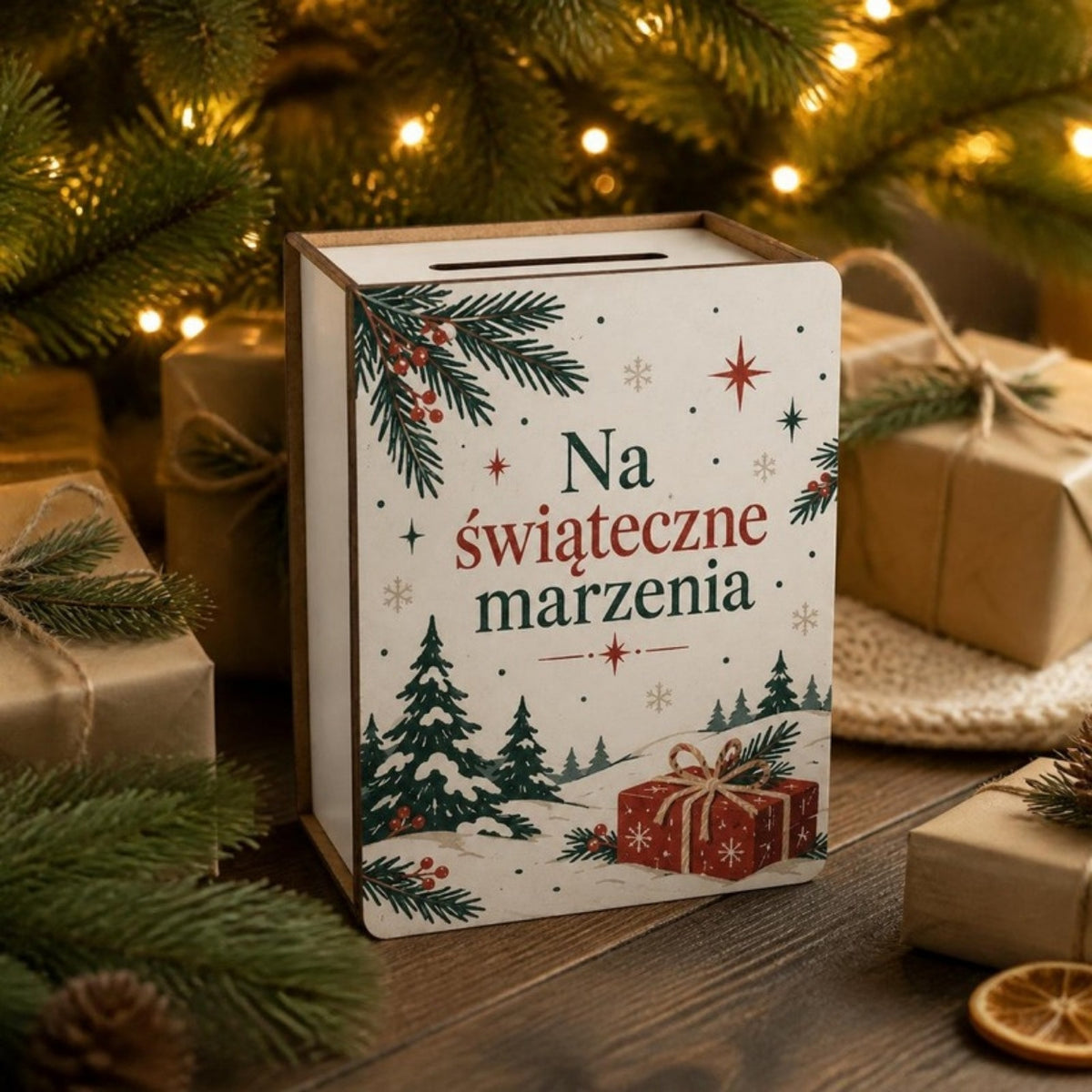 Skarbonka vintage „Na świąteczne marzenia” pod choinką