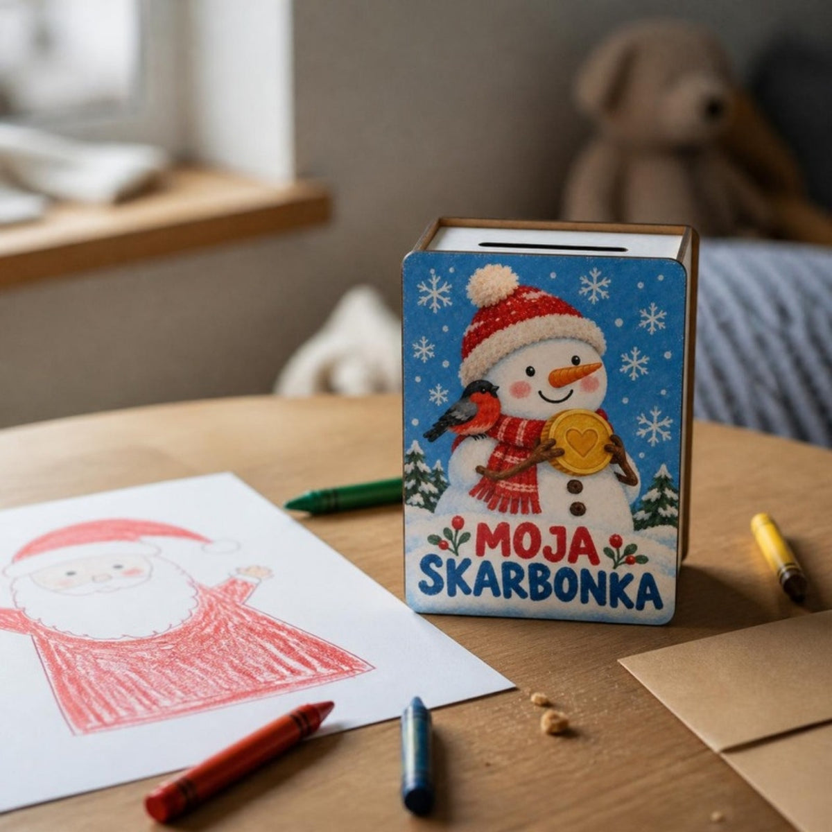 Skarbonka z bałwankiem „Moja skarbonka” na stoliku obok listu do Mikołaja i kredek