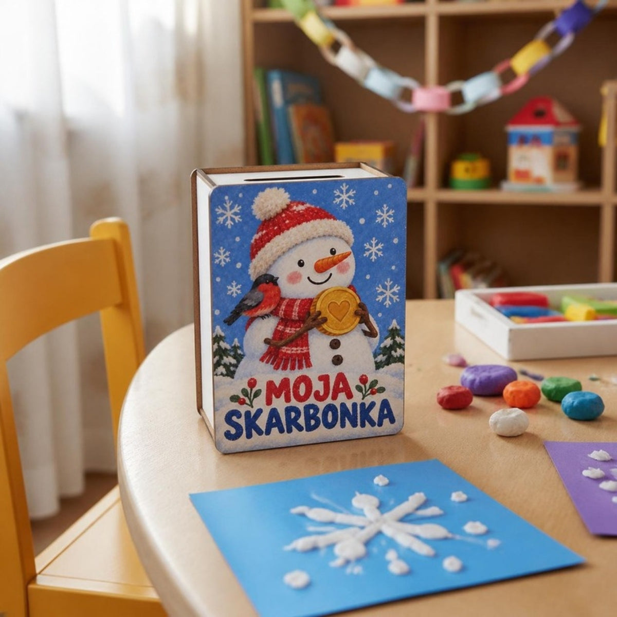 Skarbonka z bałwankiem w sali przedszkolnej – upominek na Mikołajki dla przedszkolaków