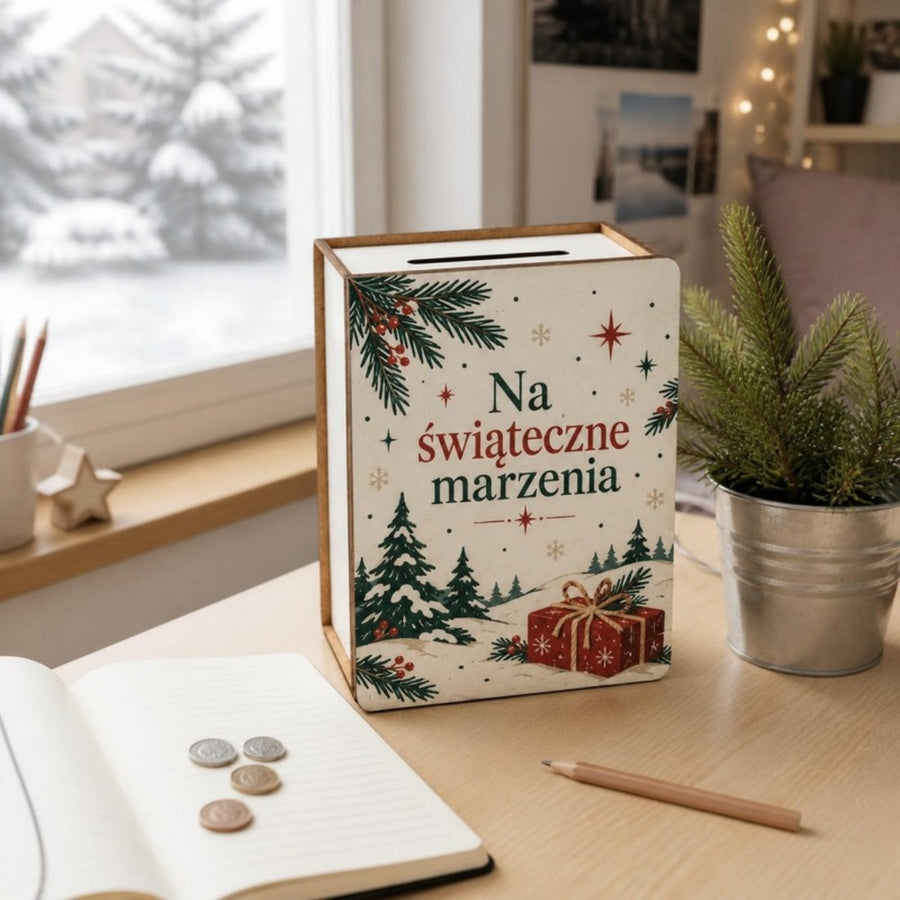 Skarbonka vintage „Na świąteczne marzenia” na biurku