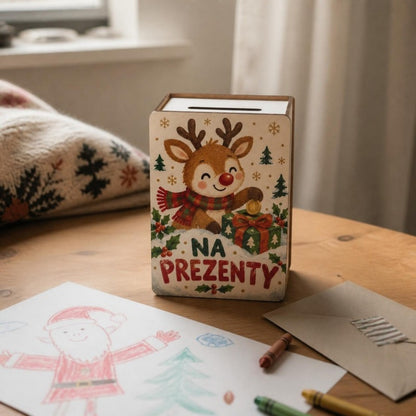 Skarbonka z reniferem „Na prezenty” na stoliku obok listu do Mikołaja i kredek