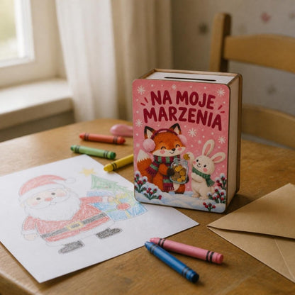 Skarbonka z lisiczką „Na moje marzenia” na stoliku obok listu do Mikołaja i kredek