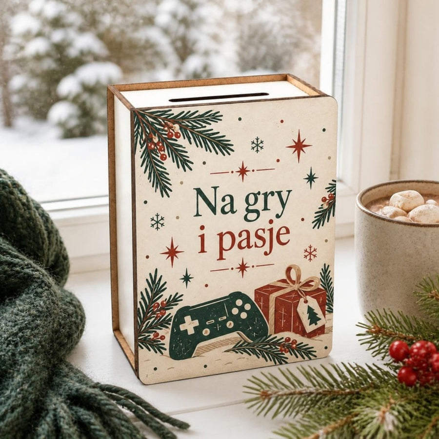 Skarbonka vintage „Na gry i pasje” na zimowym parapecie