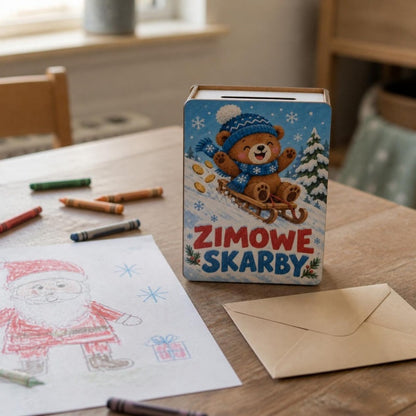 Skarbonka z misiem na sankach „Zimowe skarby” na stoliku obok listu do Mikołaja