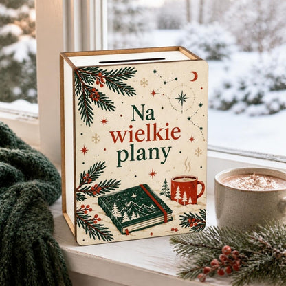 Skarbonka vintage „Na wielkie plany” na zimowym parapecie