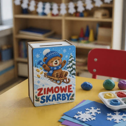 Skarbonka z misiem na sankach w sali przedszkolnej – upominek na Mikołajki