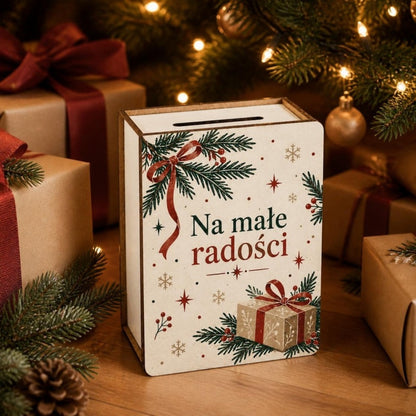 Skarbonka vintage „Na małe radości” pod choinką