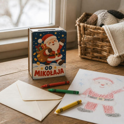 Skarbonka ze Świętym Mikołajem „Od Mikołaja” na stoliku obok listu do Mikołaja