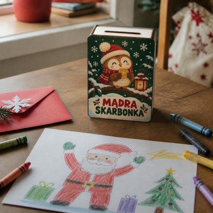 Skarbonka z sówką „Mądra skarbonka” na stoliku obok listu do Mikołaja i kredek