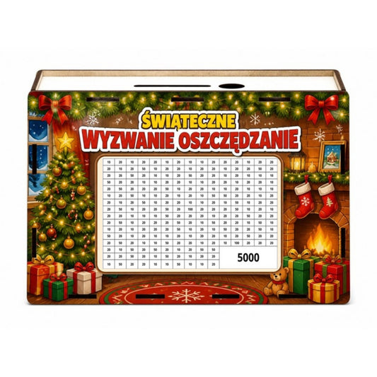 Świąteczna skarbonka wykreślanka „Wyzwanie Oszczędzanie” – plansza 5000 zł do skreślania, choinka i kominek
