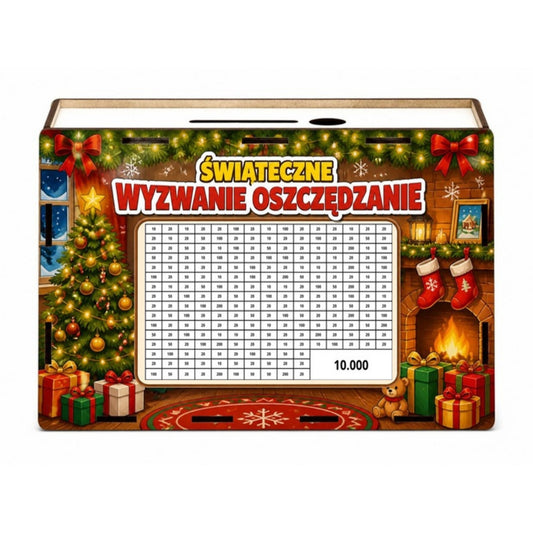 Świąteczna skarbonka wykreślanka „Wyzwanie Oszczędzanie” – plansza 10 000 zł do skreślania, choinka i kominek