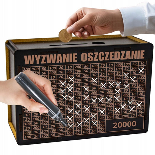 Drewniana skarbonka Wyzwanie Oszczędzanie – 20 000 zł