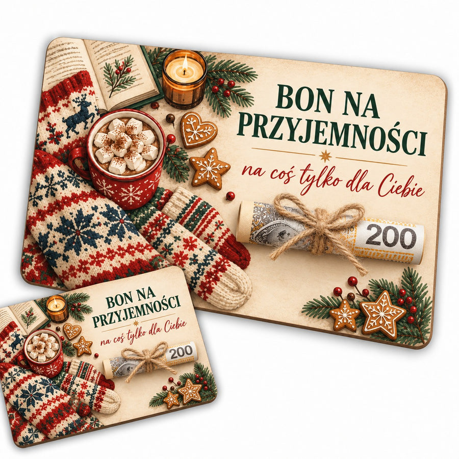 Bon na pieniądze z HDF – wzór Kakao i sweter, napis Bon na przyjemności