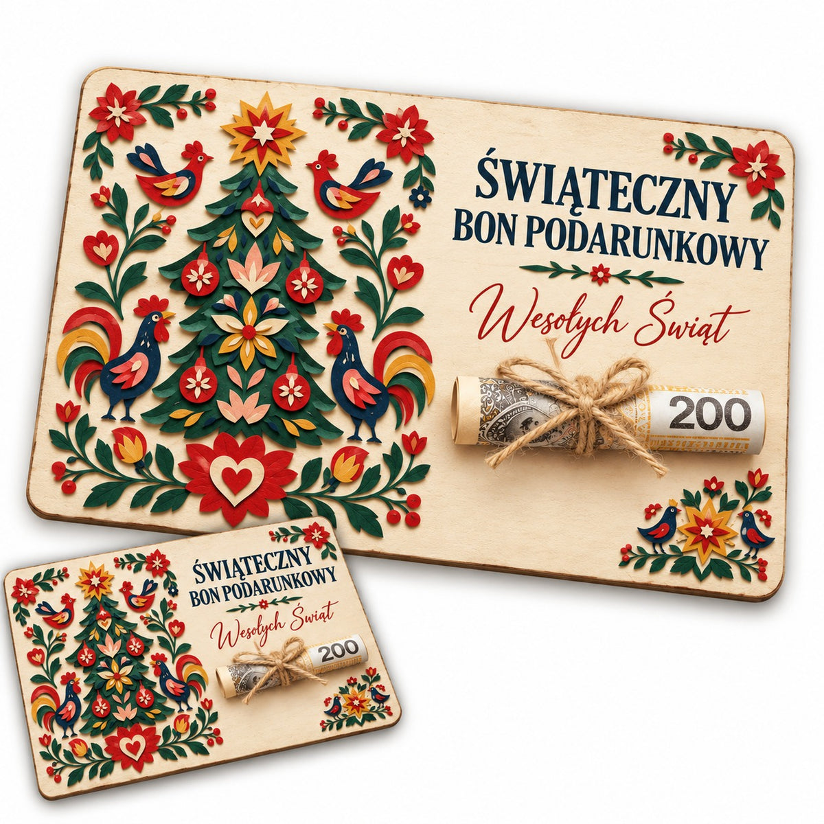 Świąteczny bon na pieniądze z HDF – wzór Ludowa wycinanka, z banknotem przewiązanym sznurkiem