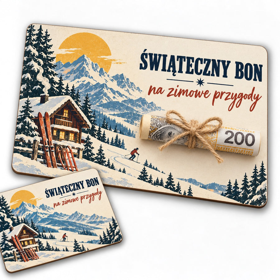 Świąteczny bon na pieniądze z HDF – wzór Zimowe góry w stylu retro plakatu
