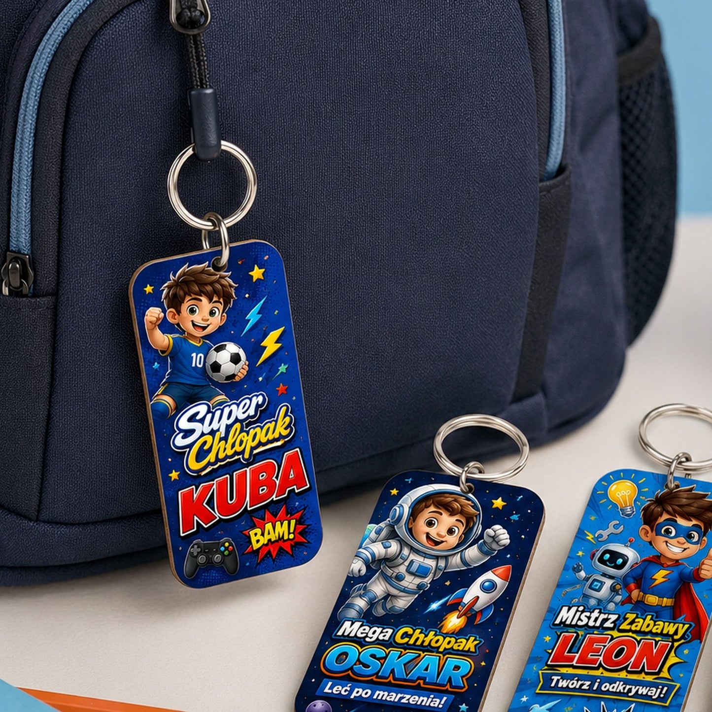 Zbliżenie personalizowanego breloczka HDF przypiętego do plecaka