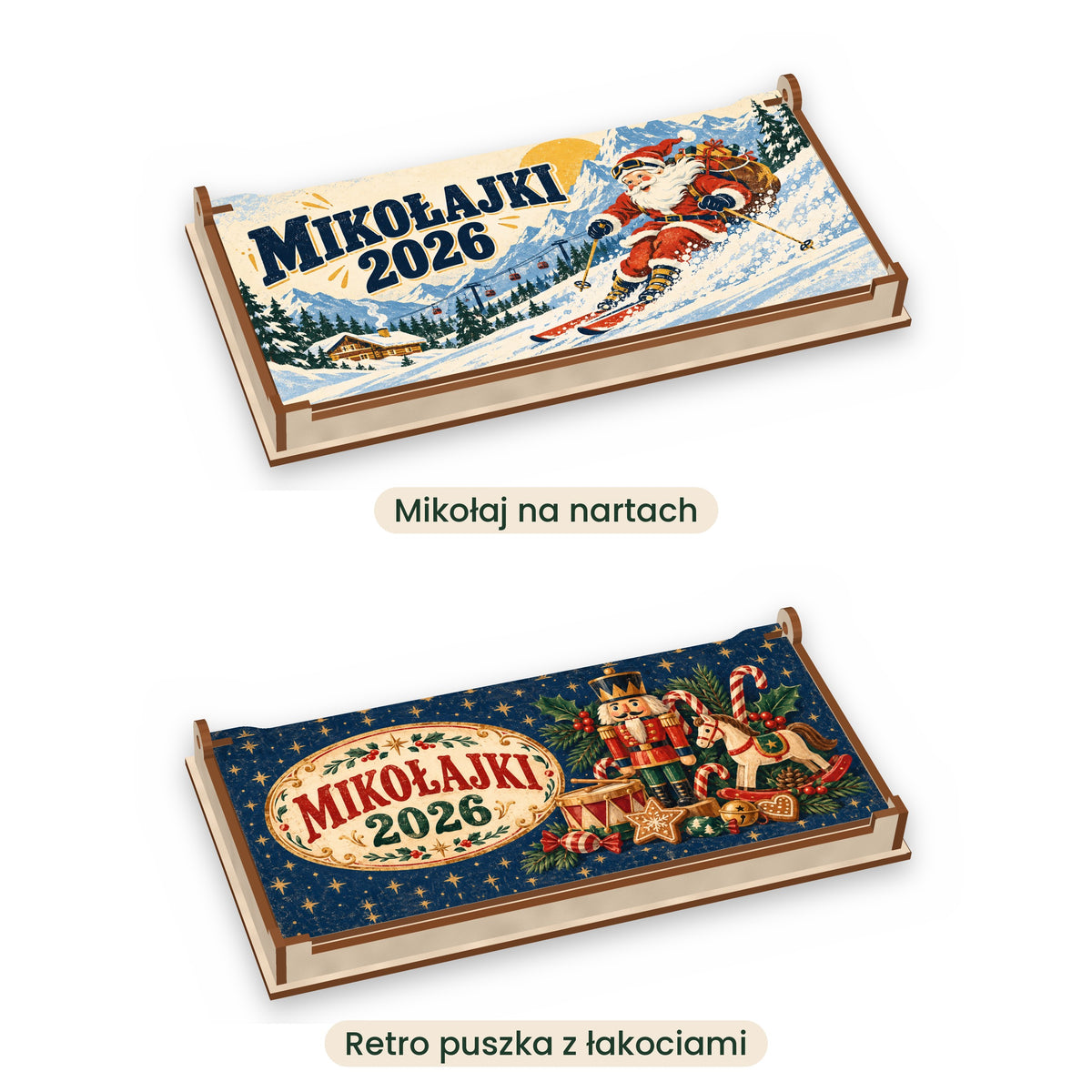 Duże pudełka na słodycze z HDF w stylu retro – 2 wzory: Mikołaj na nartach i Retro puszka z łakociami