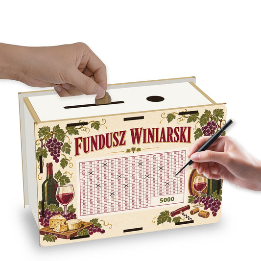 Skarbonka wykreślanka „Fundusz winiarski” 5 000 zł w użyciu – wrzucanie monety i skreślanie pól