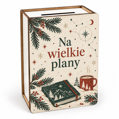 Skarbonka świąteczna vintage z napisem „Na wielkie plany” – notes i kubek czekolady