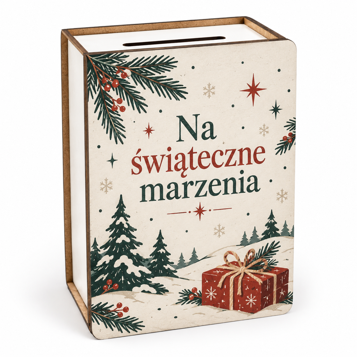 Skarbonka świąteczna vintage z napisem „Na świąteczne marzenia” – zimowy las i czerwony prezent