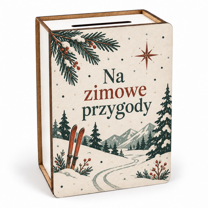Skarbonka świąteczna vintage z napisem „Na zimowe przygody” – góry, trasa i narty