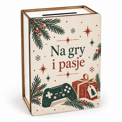 Skarbonka świąteczna vintage z napisem „Na gry i pasje” – pad do gier i prezent
