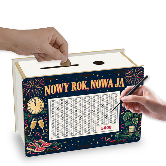 Skarbonka wykreślanka „Nowy rok, nowa ja” 5 000 zł w użyciu – wrzucanie monety i skreślanie pól