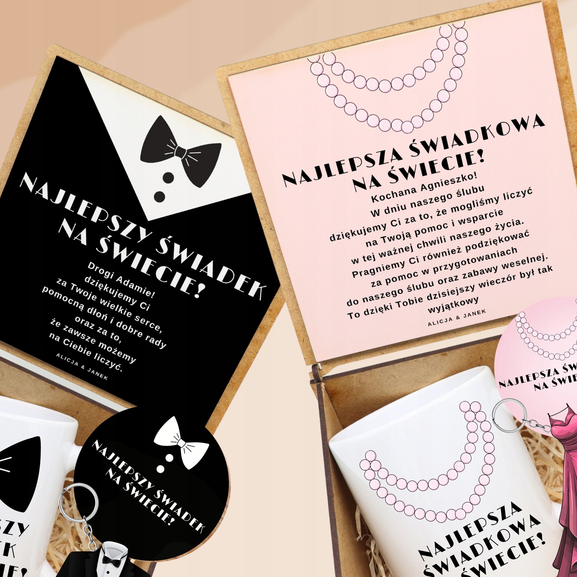 Personalizowany box dla świadków - zestaw z kubkami, przypinkami i brelokami
