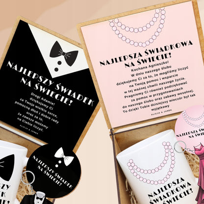 Personalizowany box dla świadków - zestaw z kubkami, przypinkami i brelokami