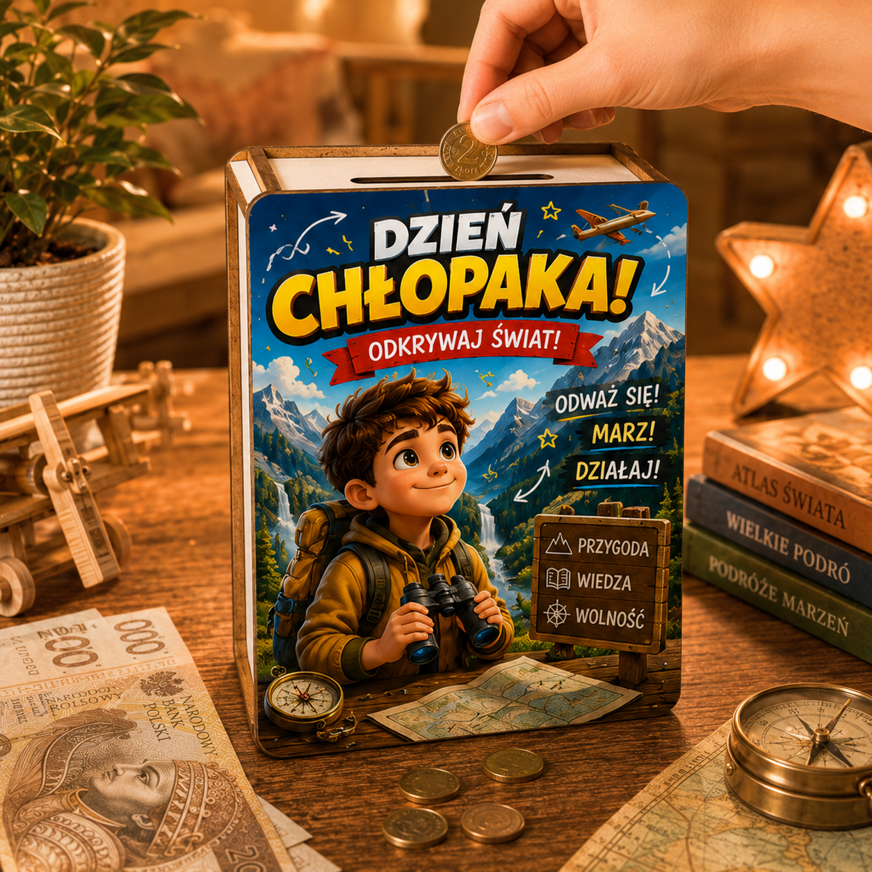 Skarbonka na Dzień Chłopaka - wariant Przygoda w aranżacji lifestyle