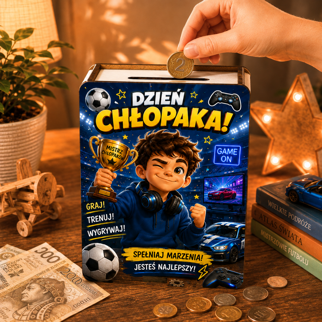 Skarbonka na Dzień Chłopaka - wariant Sport i gaming w aranżacji lifestyle