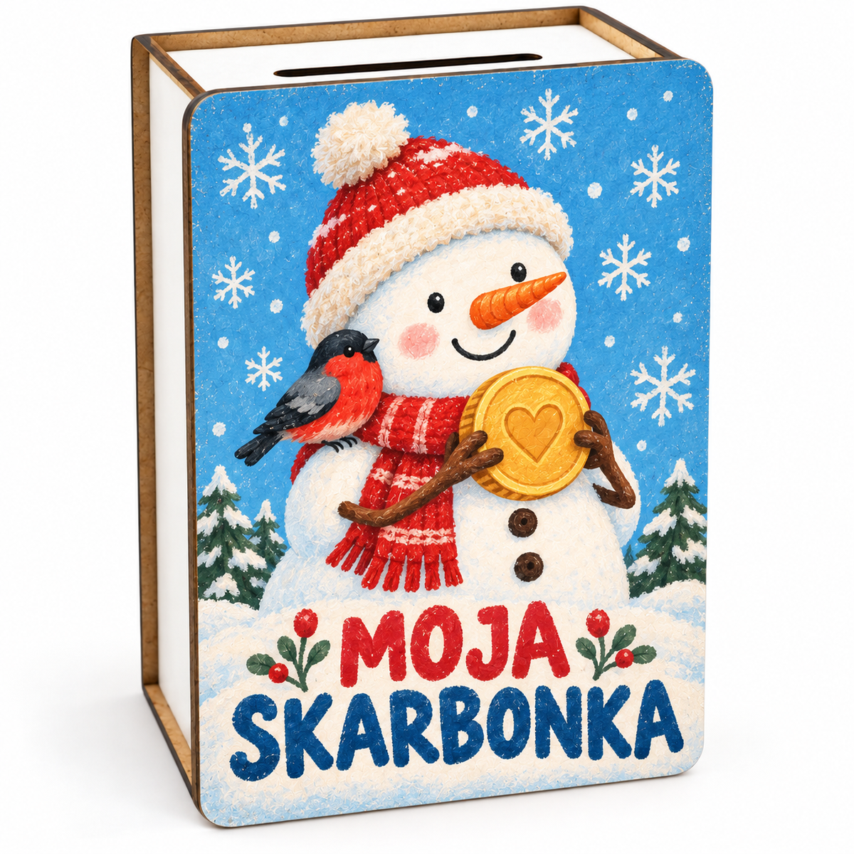 Zimowa skarbonka dla dzieci – wzór Bałwanek „Moja skarbonka”