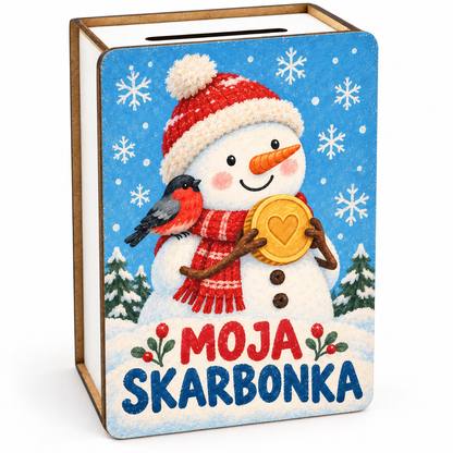 Zimowa skarbonka dla dzieci – wzór Bałwanek „Moja skarbonka”