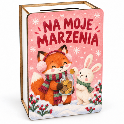 Zimowa skarbonka dla dzieci – wzór Lisiczka i zajączek „Na moje marzenia”