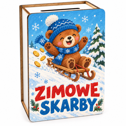 Zimowa skarbonka dla dzieci – wzór Miś na sankach „Zimowe skarby”