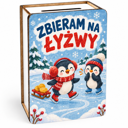 Zimowa skarbonka dla dzieci – wzór Pingwinki „Zbieram na łyżwy”