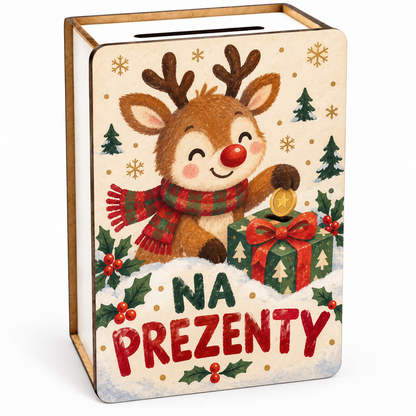 Zimowa skarbonka dla dzieci – wzór Renifer „Na prezenty”