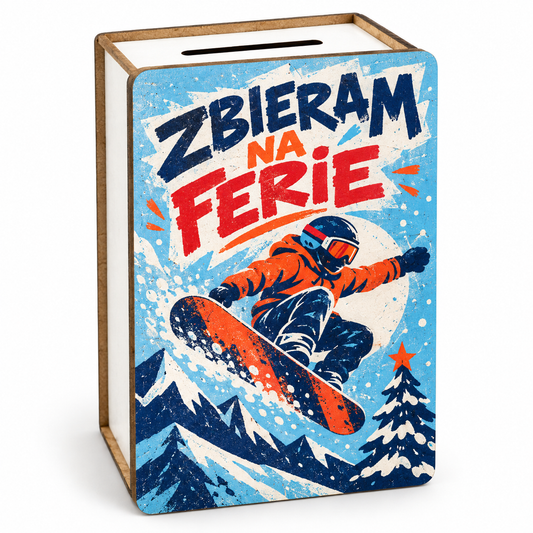 Skarbonka świąteczna dla chłopca „Zbieram na ferie” ze snowboardzistą