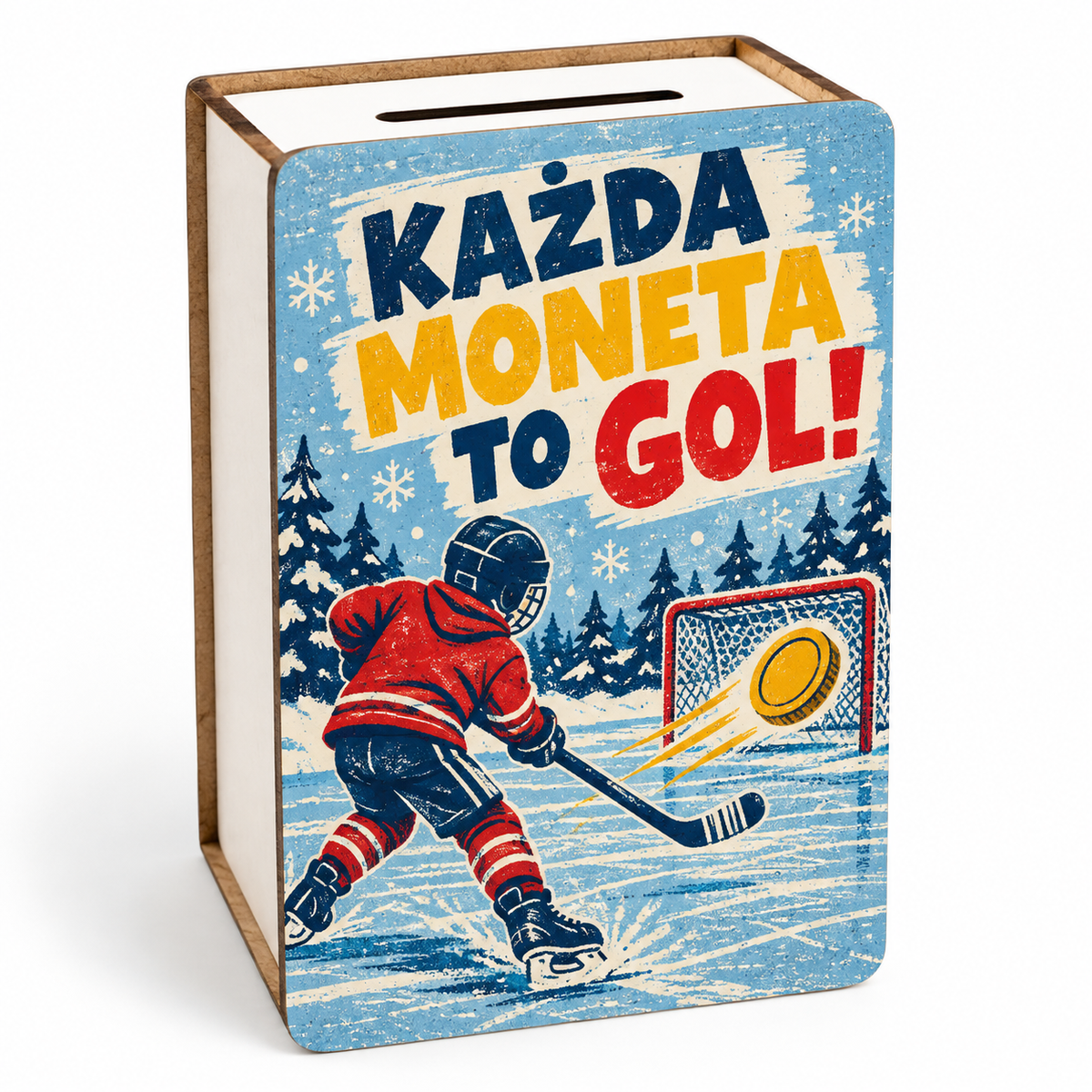 Skarbonka świąteczna dla chłopca „Każda moneta to gol!” z hokeistą na zamarzniętym stawie