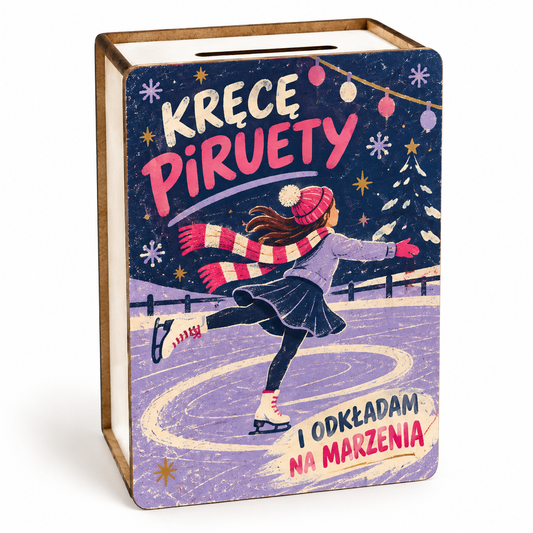Skarbonka świąteczna dla dziewczynki „Kręcę piruety i odkładam na marzenia” z łyżwiarką