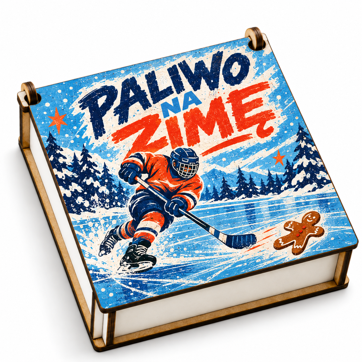 Świąteczne pudełko na słodycze dla chłopca – wzór Paliwo na zimę z hokeistą i piernikiem zamiast krążka