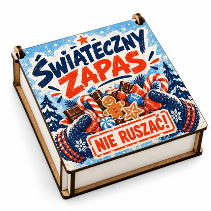 Świąteczne pudełko na słodycze dla chłopca – wzór Świąteczny zapas z napisem Nie ruszać!