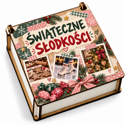 Świąteczne pudełko na słodycze dla dziewczynki – wzór Świąteczne słodkości z polaroidami