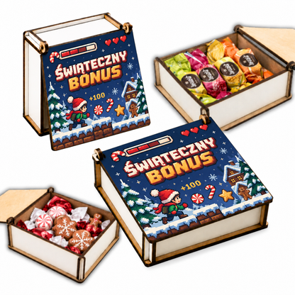 Świąteczne pudełko na słodycze z HDF – wzór Świąteczny bonus w stylu gry pixel art