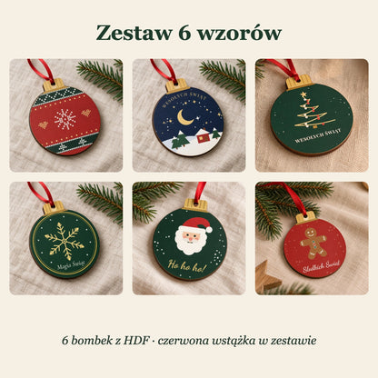 Zestaw 6 zawieszek choinkowych bombek z HDF – wszystkie wzory